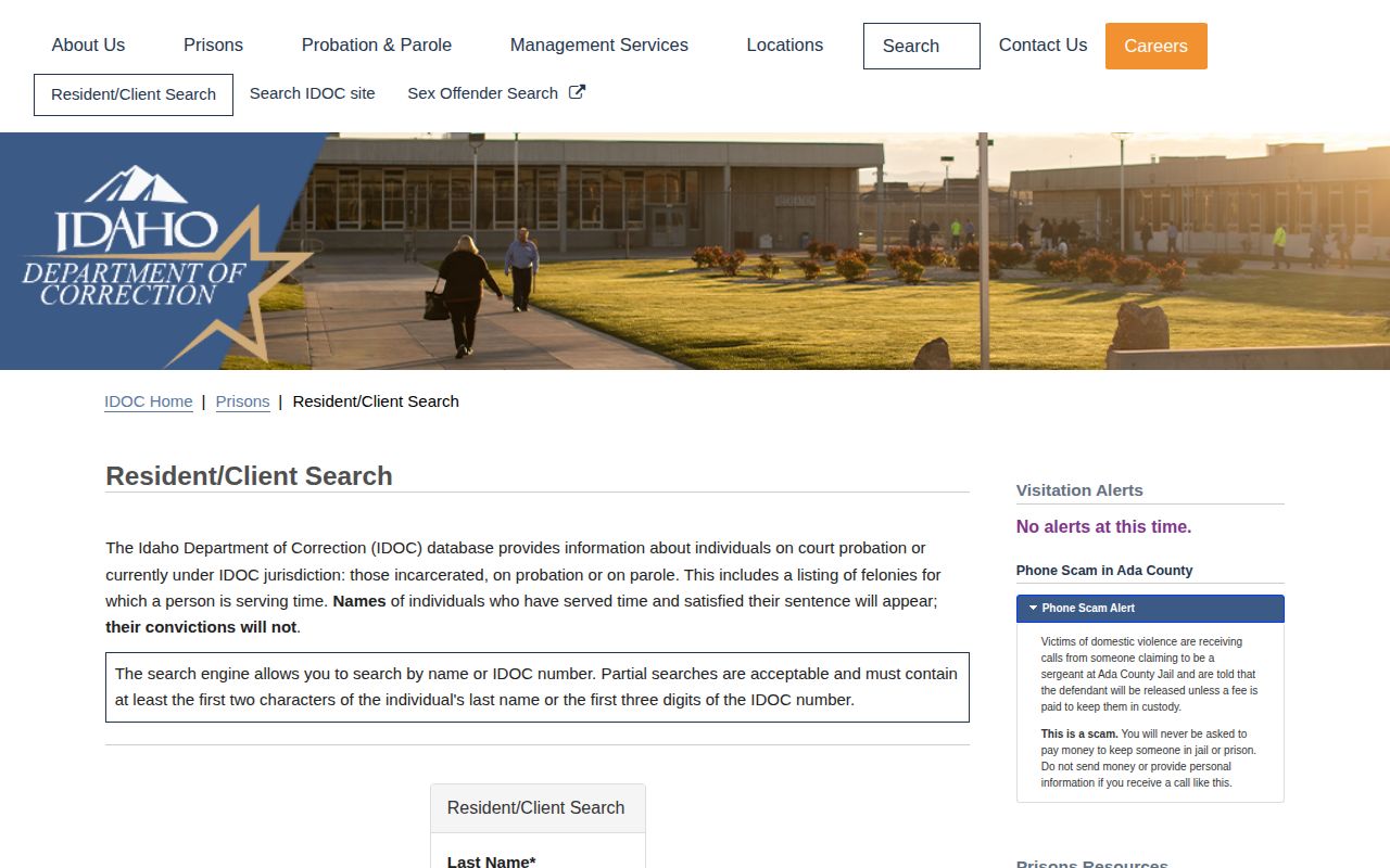 Idaho Department of Correction offender search for a Payette County record path